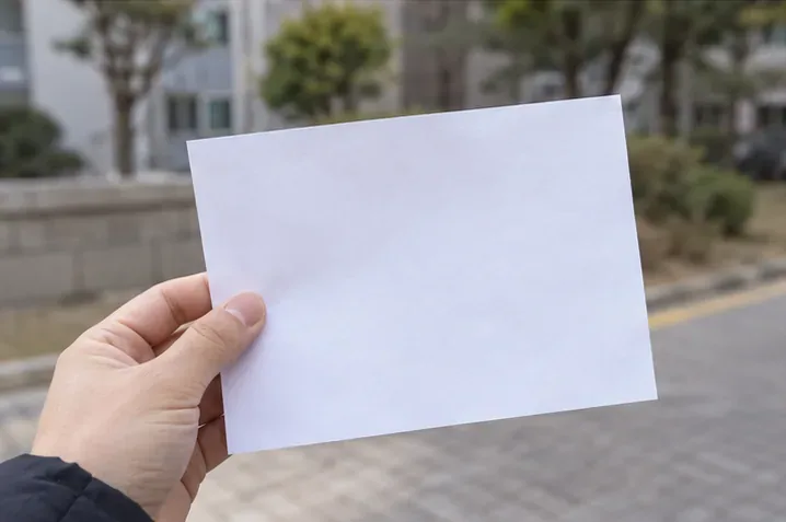 손에 든 빈 종이에 아무 글자도 적혀 있지 않은 모습