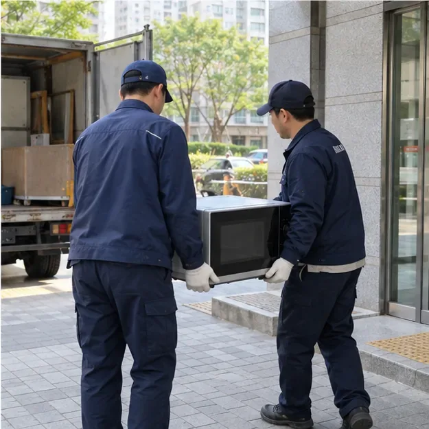 수거 작업자 두 명이 주거 건물 앞에서 전자레인지를 운반하는 모습