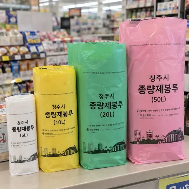 청주의 한 판매점에 여러 용량의 종량제봉투가 진열된 모습