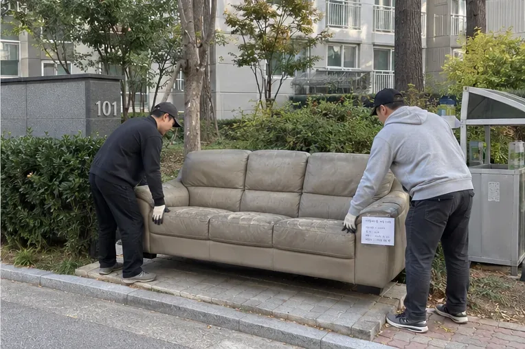아파트 외부 지정 지점에 납부 표시가 붙은 3인용 소파를 두 사람이 내려놓는 모습