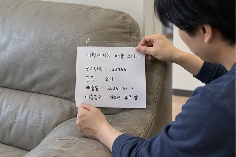 소파 팔걸이에 접수번호와 품목, 배출일, 배출장소가 적힌 종이를 붙이는 모습