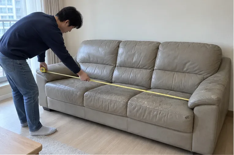 거실에서 3인용 소파의 길이를 줄자로 재는 모습