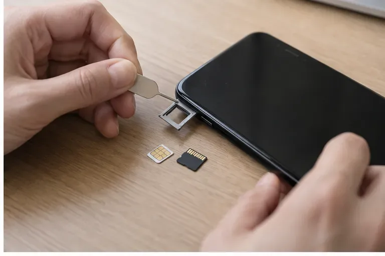 꺼진 스마트폰에서 SIM 카드와 microSD 카드를 분리하는 손