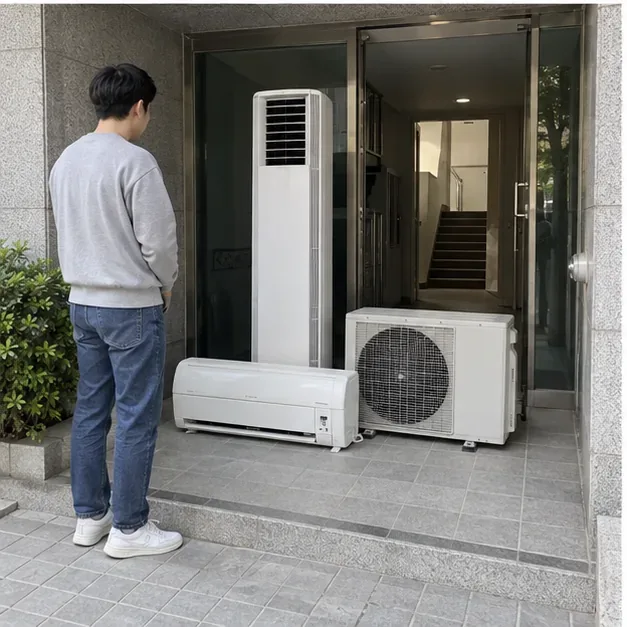건물 출입구 앞에 실내기와 실외기가 가지런히 놓이고 주민이 이동 경로를 확인하는 모습