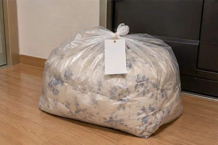 접은 이불을 투명한 큰 봉투에 넣고 바깥쪽에 납부필증을 부착한 모습