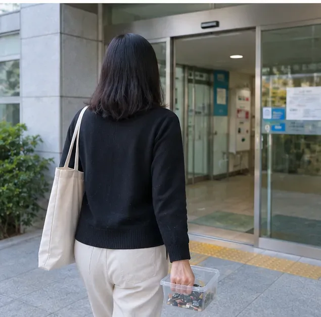 사용이 끝난 건전지를 작은 투명 용기에 담아 공공기관 출입구로 가져가는 사람의 모습