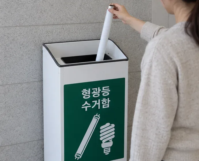 주민이 깨지지 않은 긴 형광등을 전용 수거함 투입구에 천천히 넣는 모습