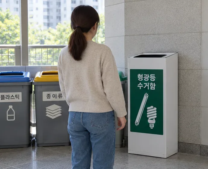 공동주택 재활용 공간에서 주민이 형광등 전용 수거함을 확인하는 모습