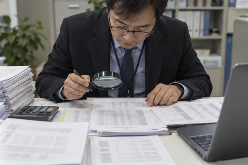 담당자가 임금명세서와 근무기록을 책상에서 대조하며 검토하는 모습