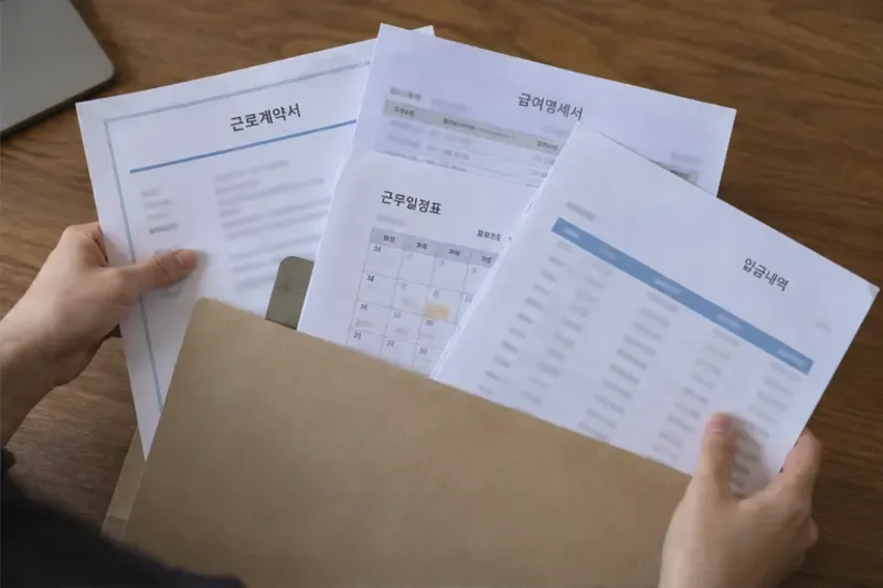 근로자가 근로계약서 급여명세서 근무일정표 입금내역을 파일에 정리하는 모습