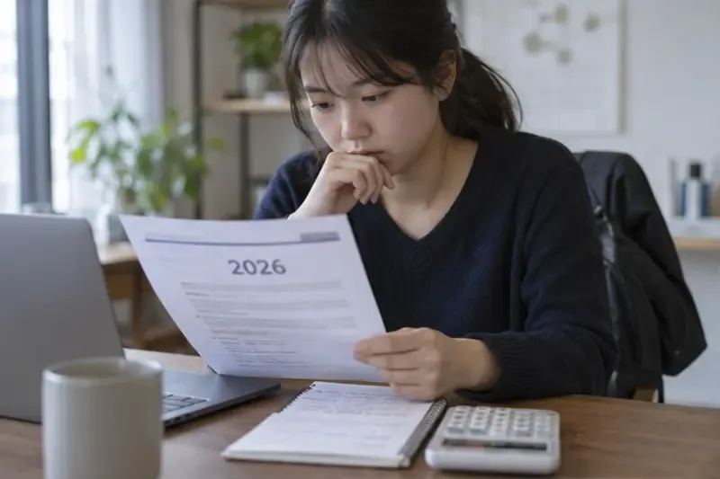 근로자가 계산기와 서류를 옆에 두고 2026년 최저임금 안내자료를 확인하는 모습