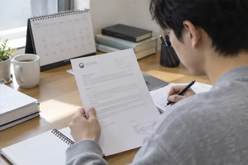 근로자가 공식 안내문과 달력을 확인하며 신고 후 후속 일정을 기록하는 모습