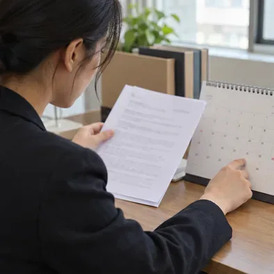근로자가 근로계약서와 달력을 나란히 놓고 입사일과 근무기간을 확인하는 모습