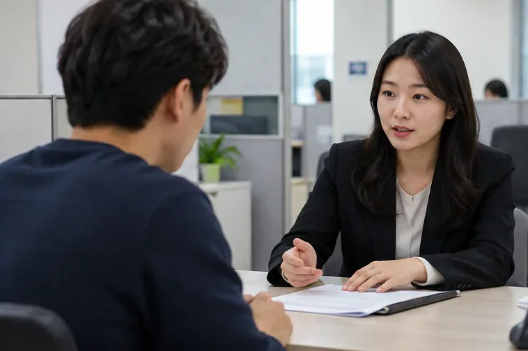 퇴직금 미지급 문제를 상담 창구에서 서류와 함께 설명하는 근로자