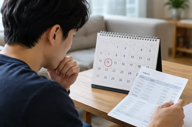 퇴직일과 14일 지급기한을 달력으로 확인하면서 은행 거래내역을 살펴보는 퇴직 근로자