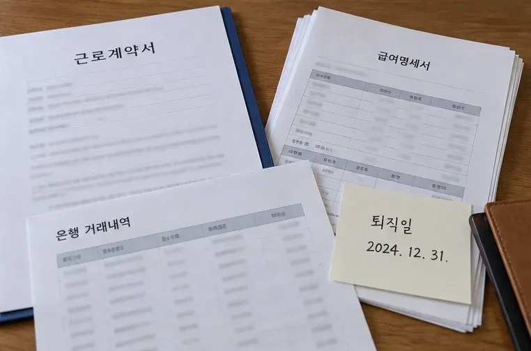 근로계약서 급여명세서 은행 거래내역과 퇴직일 메모를 한곳에 정리한 서류