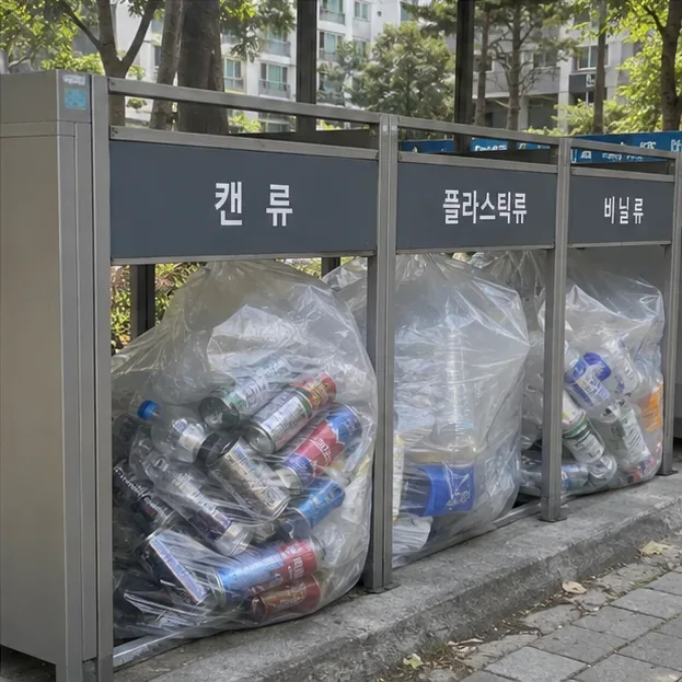 아파트 재활용장에 캔류, 플라스틱류, 비닐류가 구분되어 있고 캔류 봉투에 금속 캔이 모여 있는 모습