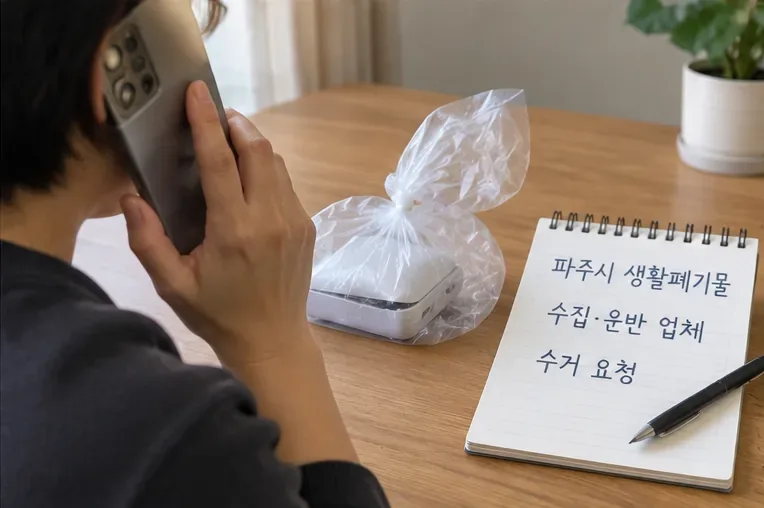 비닐로 감싼 부푼 보조배터리 옆에서 파주시 생활폐기물 수집·운반 업체에 전화하는 모습