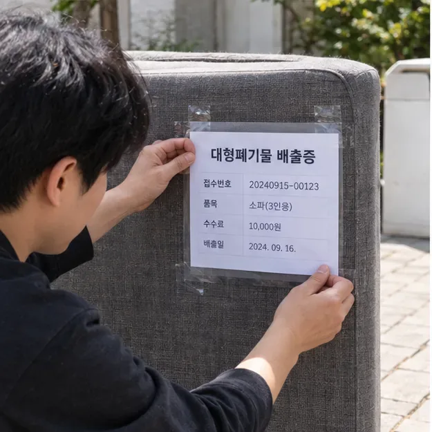 신고를 마친 회색 소파에 대형폐기물 배출증을 눈에 잘 띄게 부착하는 모습