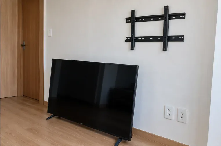 벽걸이 브래킷에서 분리된 평면 TV가 바닥에 안전하게 세워져 있는 모습