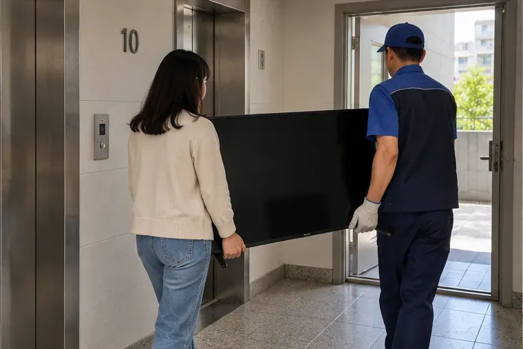 아파트 복도에서 주민과 수거 작업자가 대형 평면 TV를 함께 이동하고 있는 모습