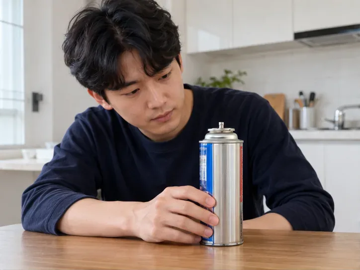 탁자 위에 세워 둔 휴대용 부탄가스 캔의 외관을 살피는 사람