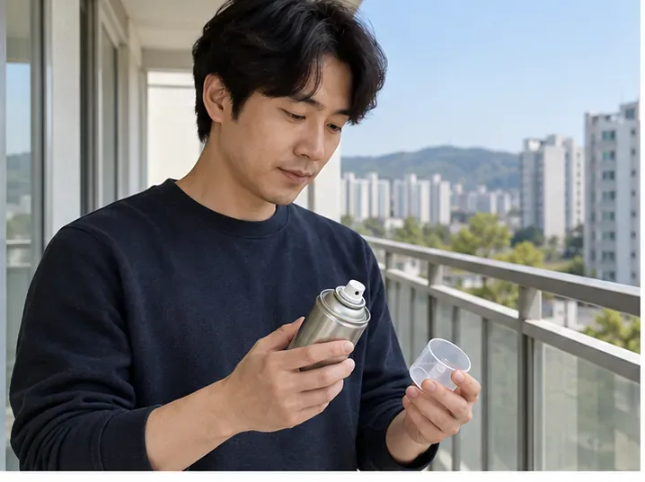 한 사람이 바람이 잘 통하는 아파트 발코니에서 금속 스프레이캔과 분리 가능한 투명 뚜껑을 살펴보고 있다.