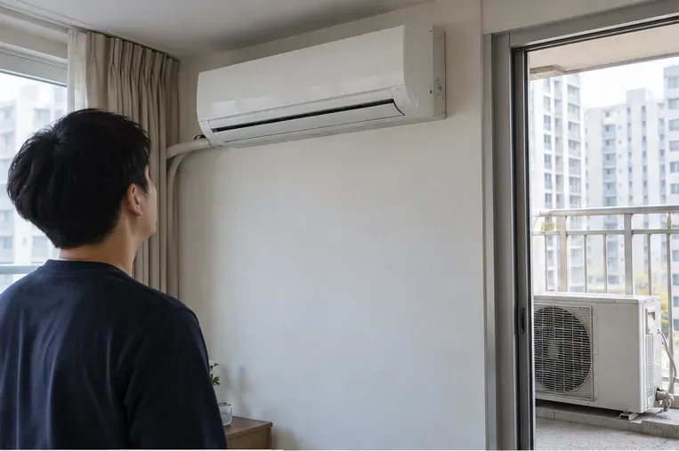 평택의 아파트 거실에서 벽걸이 에어컨 실내기와 베란다의 실외기 설치 상태를 함께 확인하는 모습