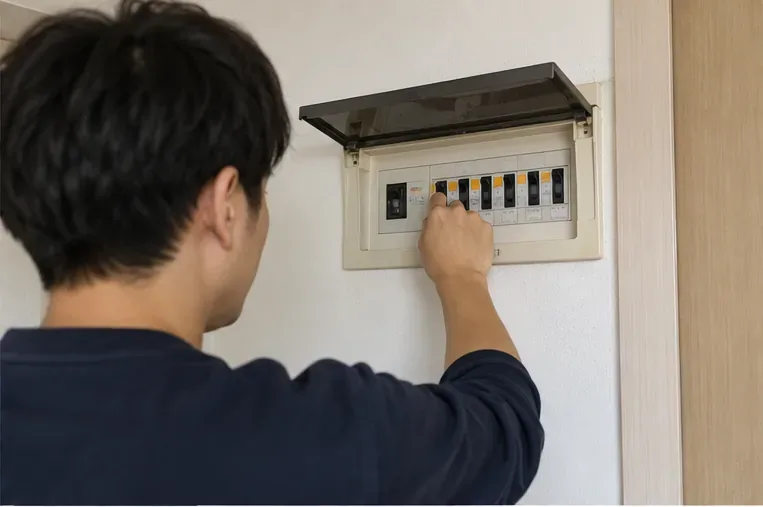 아파트 실내 분전반에서 에어컨 철거 전에 해당 전원 회로를 차단하는 모습
