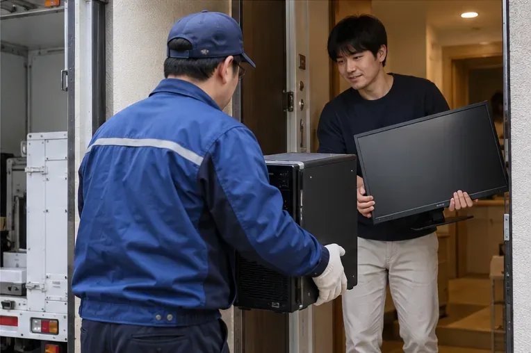 아파트 출입구에서 주민이 데스크탑 본체와 모니터를 방문수거 담당자에게 안전하게 인계하는 모습