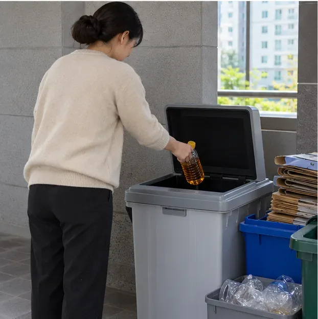 공동주택 분리배출장의 회색 수거통에 뚜껑을 연 뒤 기름 용기를 넣는 주민