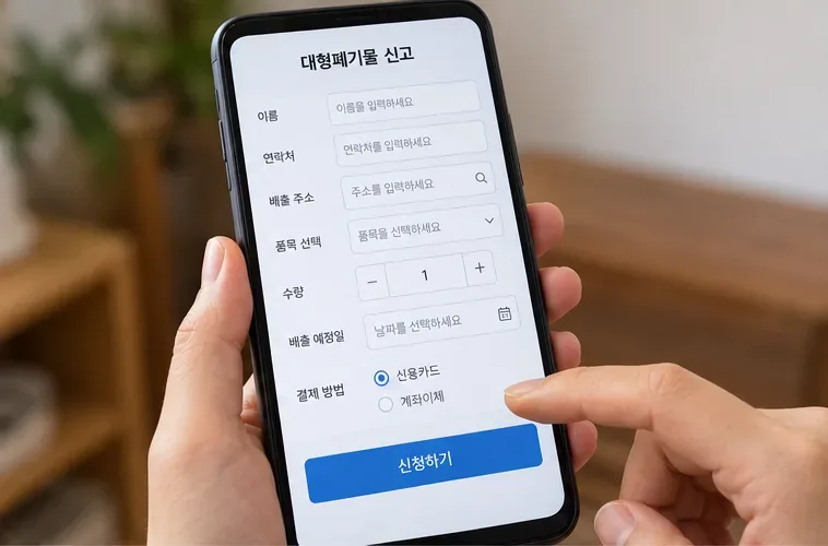 스마트폰에서 이름, 연락처, 배출 주소, 품목, 수량, 배출 예정일과 결제 방법을 입력하는 대형폐기물 신고 화면 예시