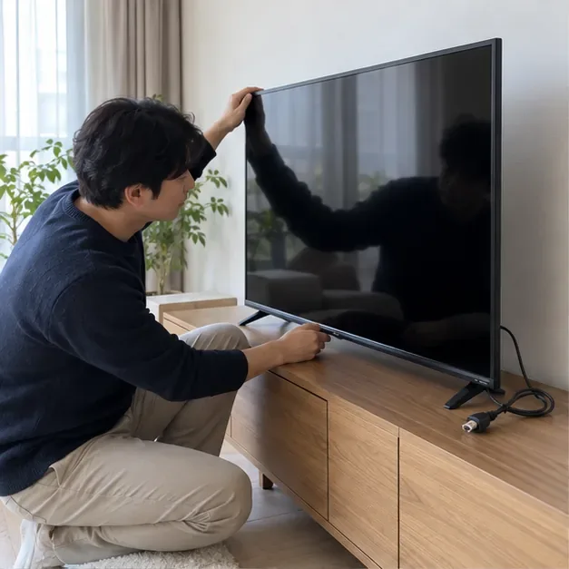 거실에서 전원 플러그를 뽑은 TV의 상태와 크기를 확인하는 모습