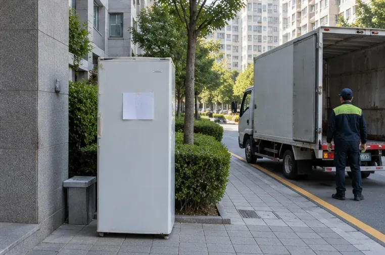 아파트 건물 밖에 수거 메모가 붙은 냉장고가 놓여 있고 옆 도로에 수거 차량이 서 있는 모습