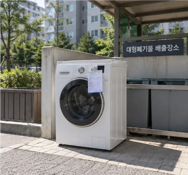 아파트 단지의 대형폐기물 배출장소 표지 옆에 세탁기가 배출되어 있는 모습