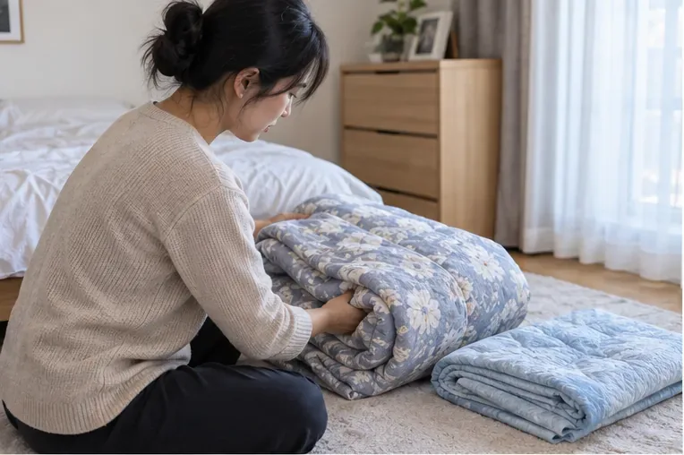 집 안에서 겨울용 두꺼운 이불과 얇은 이불을 나란히 놓고 분류하는 모습