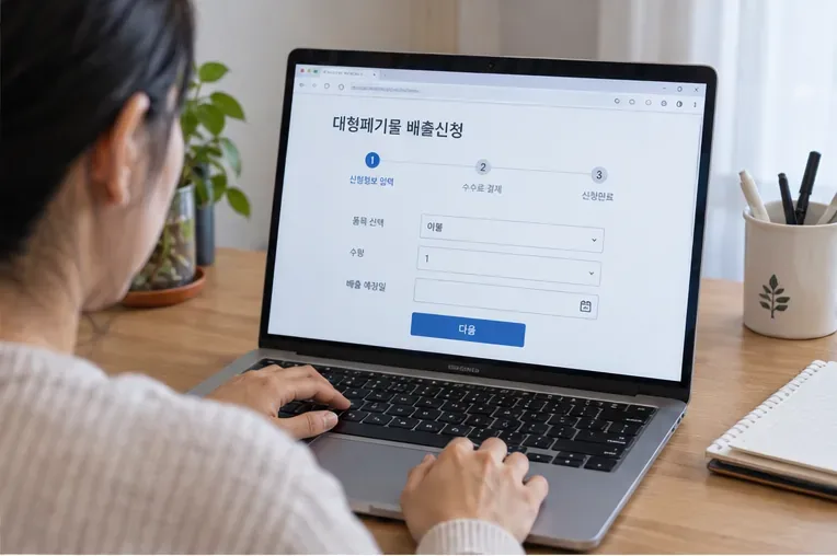 노트북으로 대형폐기물 배출 신청 절차를 확인하고 이불 품목을 선택하는 모습