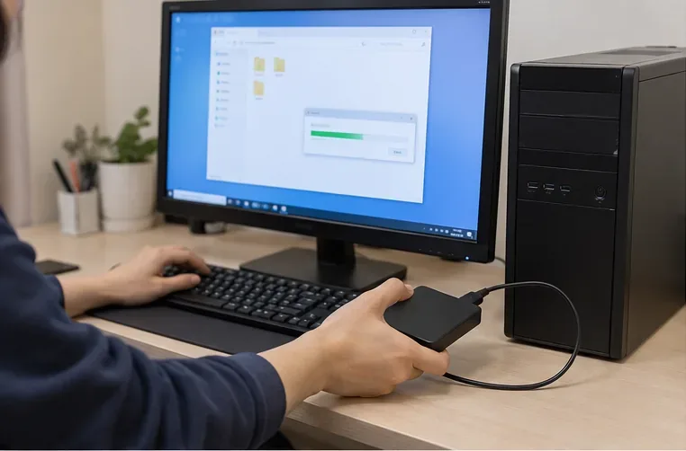 포항에서 폐기할 데스크톱 컴퓨터의 파일을 외장 저장장치로 백업하는 장면