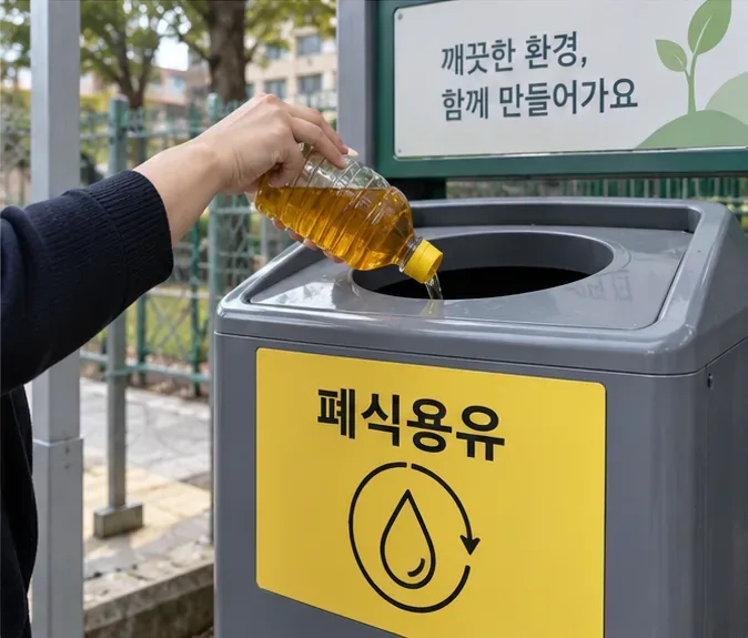 폐식용유라고 표시된 전용수거함에 사용한 식용유를 배출하는 모습