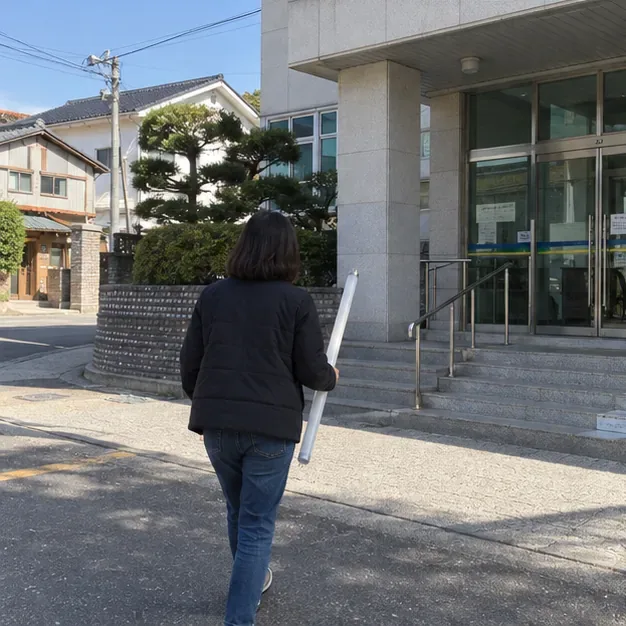 한 사람이 형광등을 들고 행정시설 입구로 향한다. 실제 폐형광등 수거함 위치는 거주지 행정복지센터에 확인해야 한다.