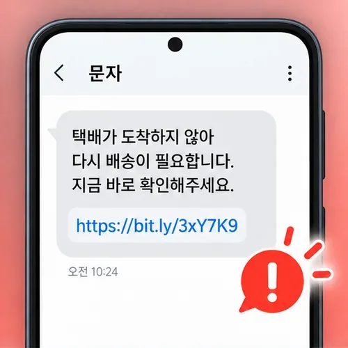 택배 주소 확인을 재촉하는 문자와 단축 URL이 표시된 스마트폰 화면, 옆에 경고 아이콘이 보인다