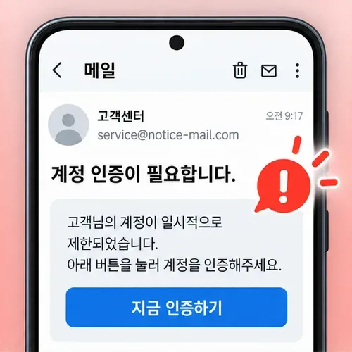 계정이 제한됐다며 재인증 버튼을 누르라고 요구하는 이메일 화면과 경고 표시