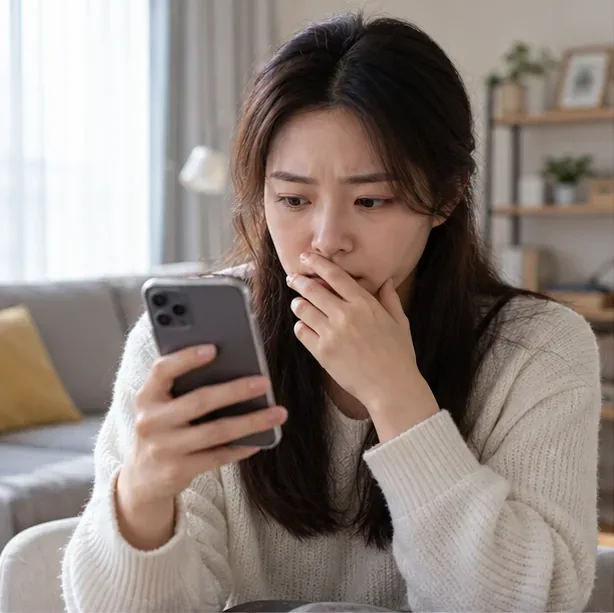 실내에서 한 사람이 휴대전화의 흐릿한 메시지를 바라보며 주의 깊게 확인하는 모습