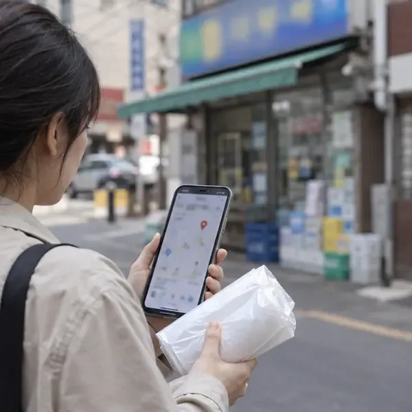 동네 매장 앞에서 스마트폰 지도와 구매한 흰색 봉투를 확인하는 사람