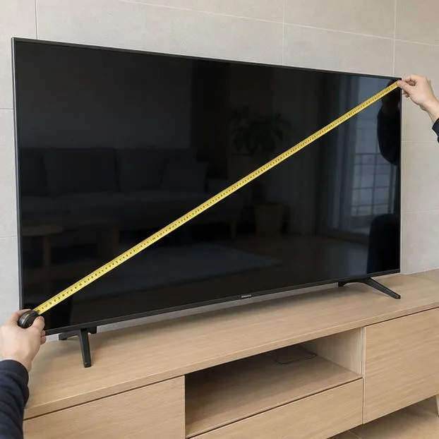 TV 화면의 대각선 길이를 줄자로 재고 있습니다. 무상 방문수거 신청 전 화면 크기 구간을 확인할 때 참고하세요.