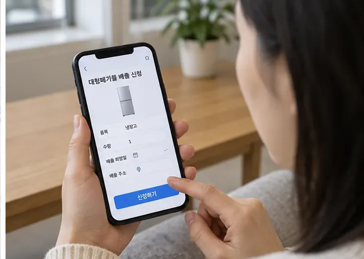 스마트폰으로 냉장고 대형폐기물 배출 예약 정보를 확인하는 모습