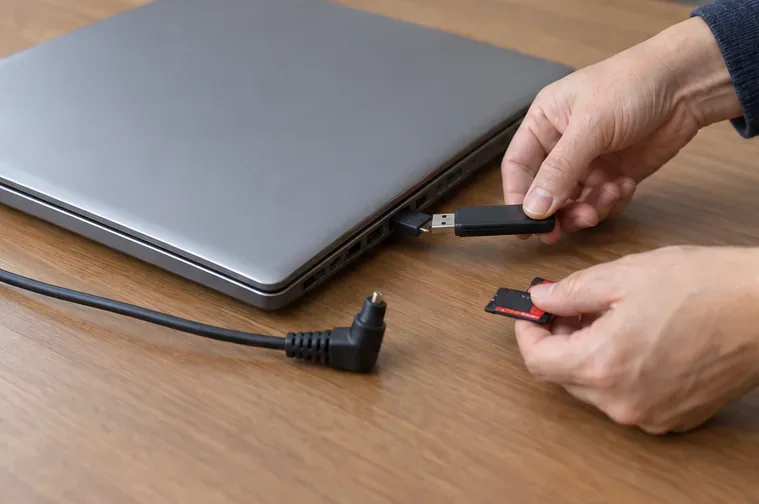 전원이 꺼진 노트북 옆면에서 USB 메모리와 메모리 카드를 빼고 충전기를 분리하는 모습