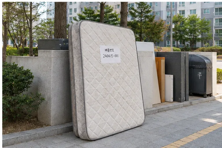 아파트 단지의 지정된 폐기물 배출 공간 옆에 예약번호가 붙은 매트리스가 놓인 모습