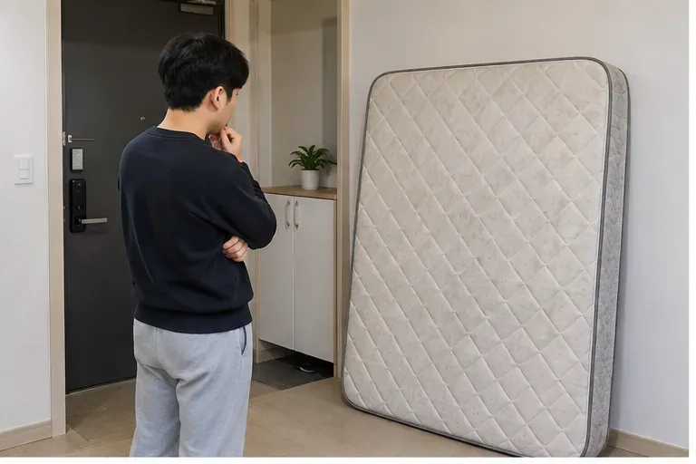집 안에서 세워 둔 오래된 매트리스를 확인하는 모습