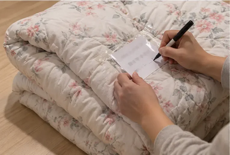 접은 꽃무늬 이불 위 투명 커버에 예약번호를 적은 종이를 넣어 표시하는 모습
